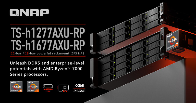 The TS-hx77AXU-RP Series Enterprise ZFS NAS with groundbreaking AMD Ryzen 7000 Series Processors is introduced by QNAP.