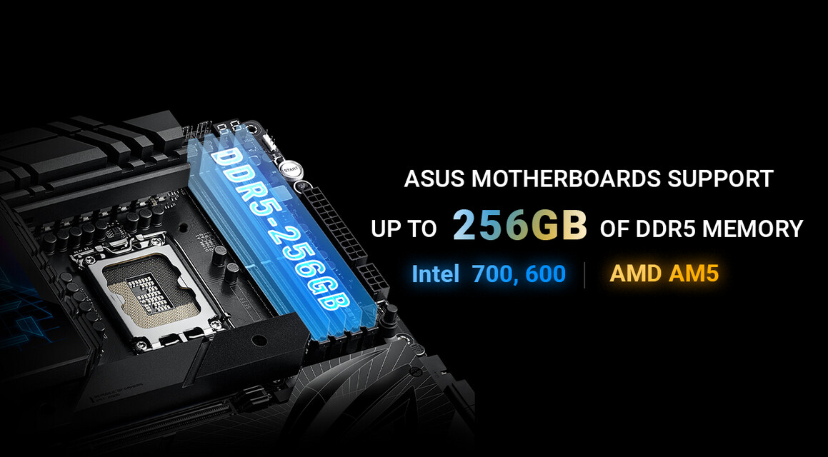 ASUS Intel 700, 600 Series, and AMD AM5 Motherboards are equipped to handle up to 256 GB of DDR5 Memory.